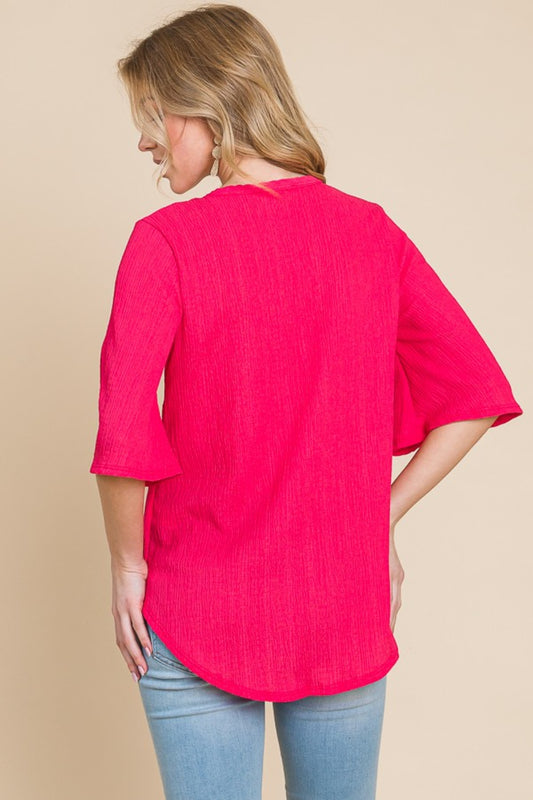 BOMBOM Texture Decorative Button V-Neck Top Shop One Place