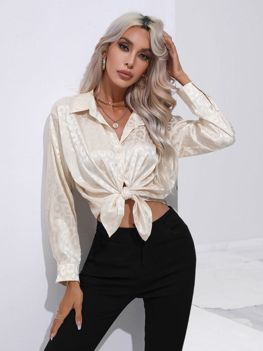 Leopard Collared Neck Long Sleeve Shirt Shop One Place