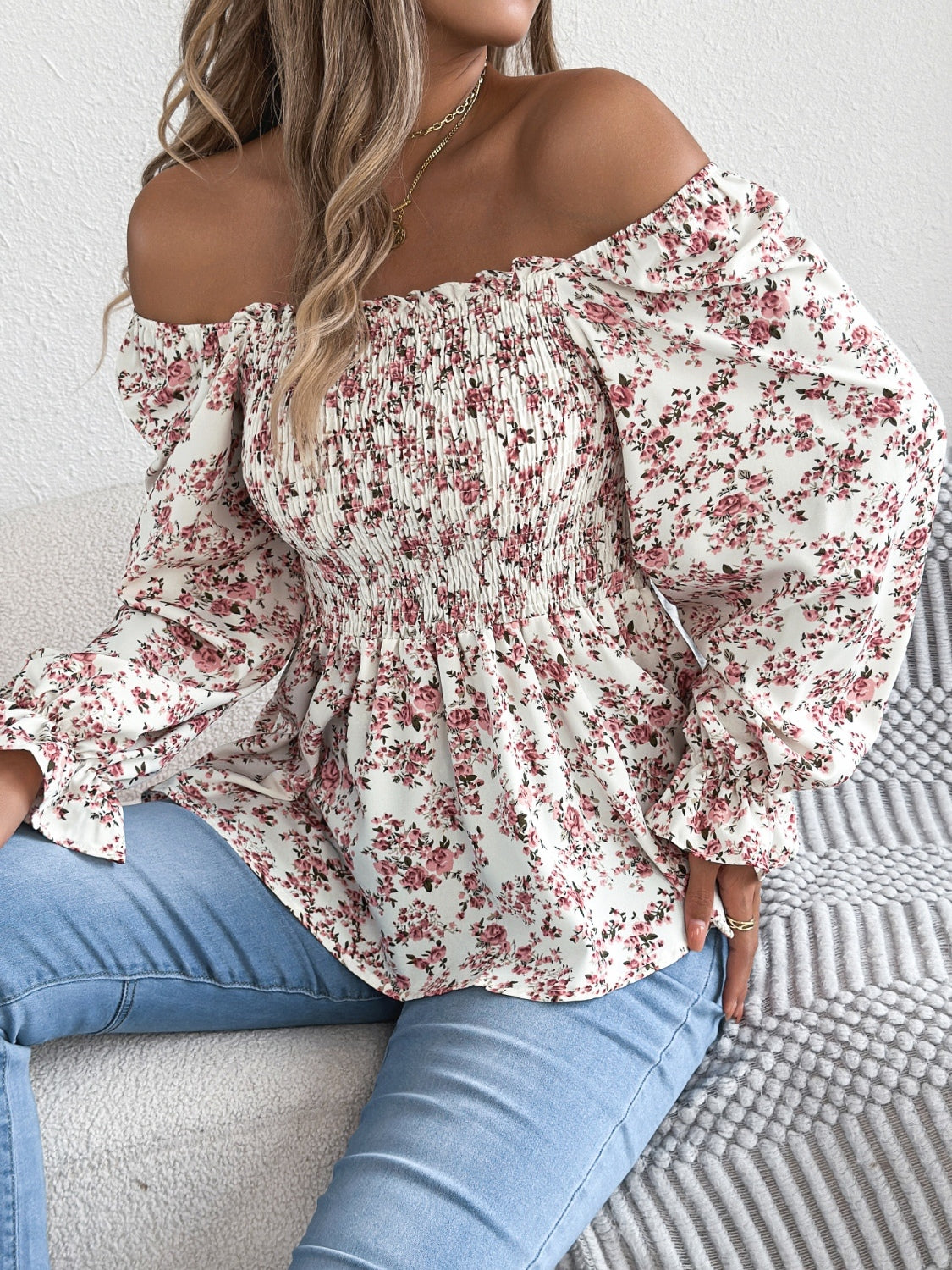 Floral Square Neck Flounce Sleeve Blouse Shop One Place