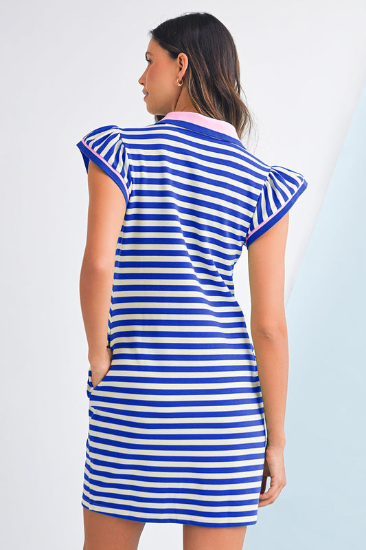 Dark Blue Striped Ruffle Short Sleeve Pop of Color Neckline Dress Shop One Place