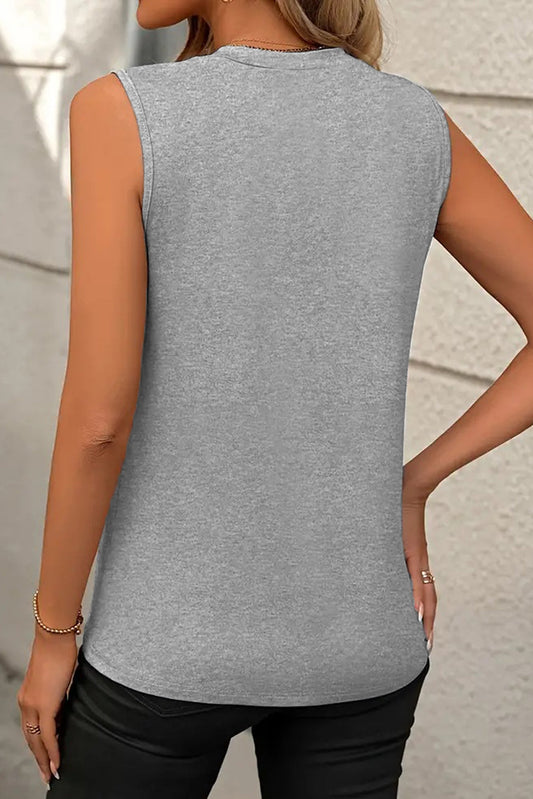 Black Solid Color Crew Neck Pleated Sleeveless Top Shop One Place