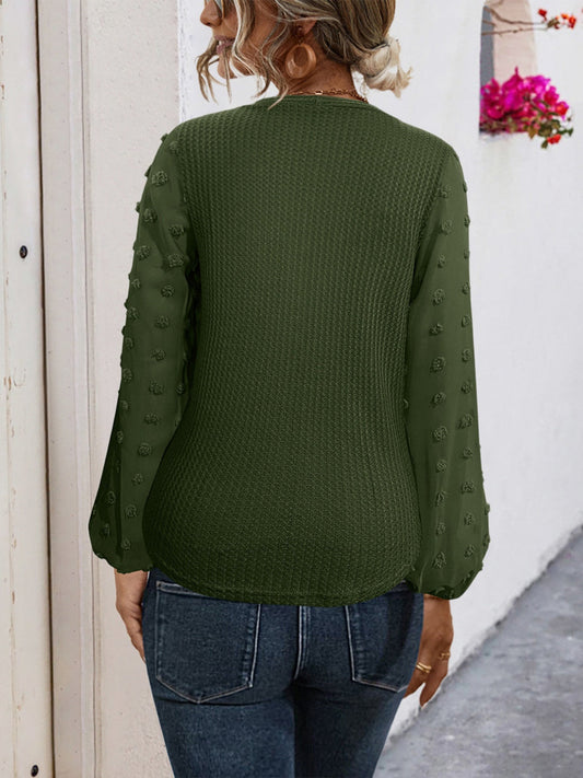 Tied Swiss Dot V-Neck Long Sleeve Blouse Shop One Place