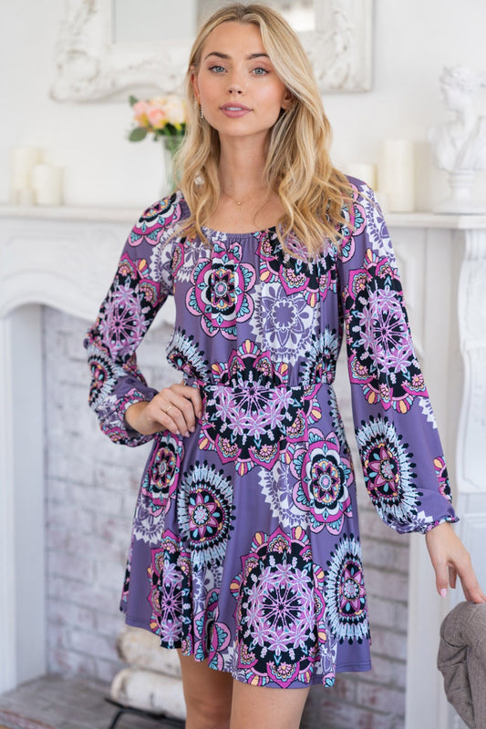 White Birch Printed Long Sleeve Mini Dress with Short Liner Shop One Place