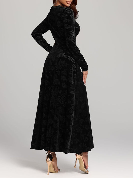 Rose Print V-Neck Long Sleeve Dress Shop One Place
