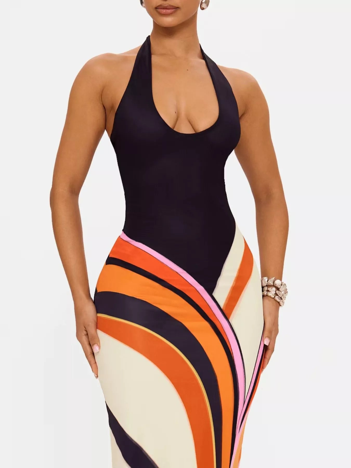 Halter Neck Maxi Dress with Abstract Print Shop One Place