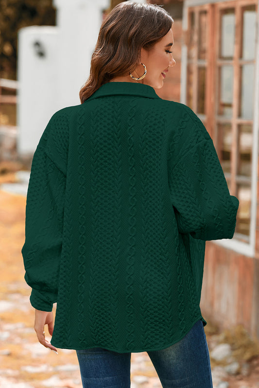 Blackish Green Cable Texture Puff Sleeve Loose Shacket