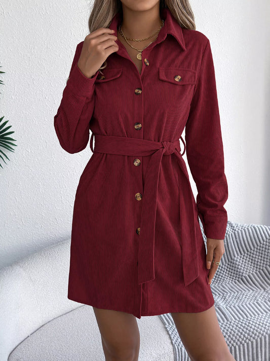 Button-Front Corduroy Shirt Dress Shop One Place