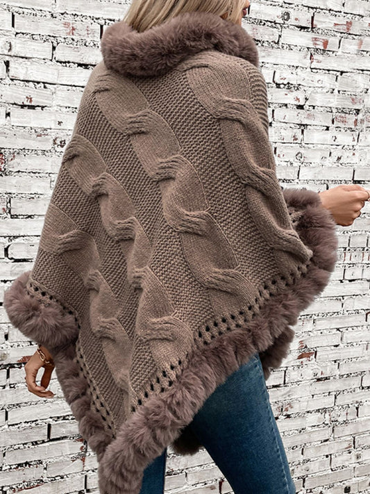 Fuzzy Hem Cable-Knit Poncho Shop One Place