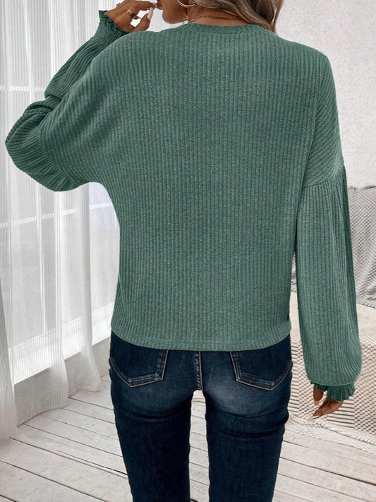 Ribbed Round Neck Lantern Sleeve T-Shirt Shop One Place