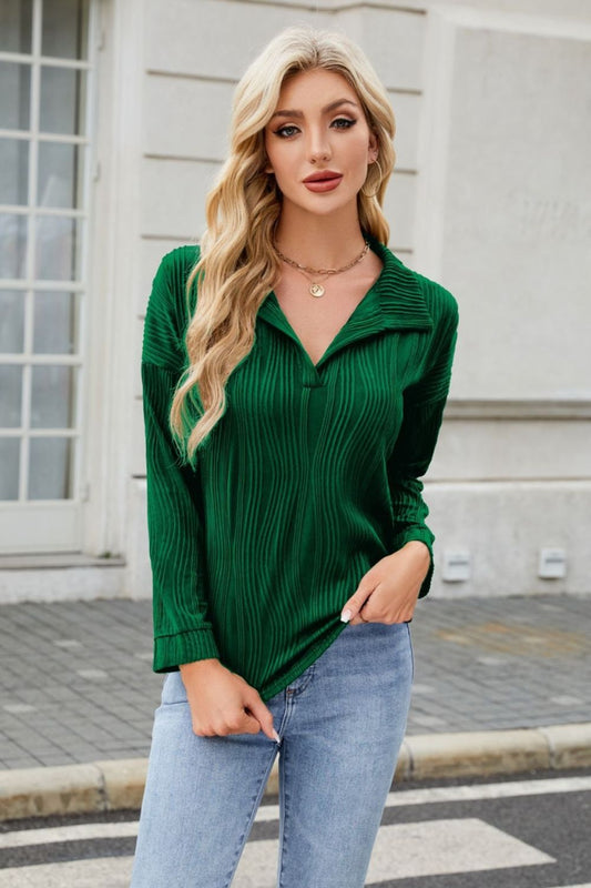 Texture Collared Neck Long Sleeve Blouse Shop One Place