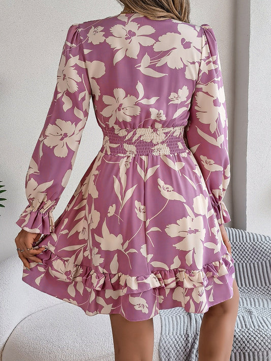 Tied Ruffled Printed Long Sleeve Dress Shop One Place