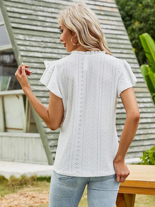 Women's Eyelet Notched Neck Short Sleeve T-Shirt – Lightweight Casual Summer Top | Shop One Place Shop One Place