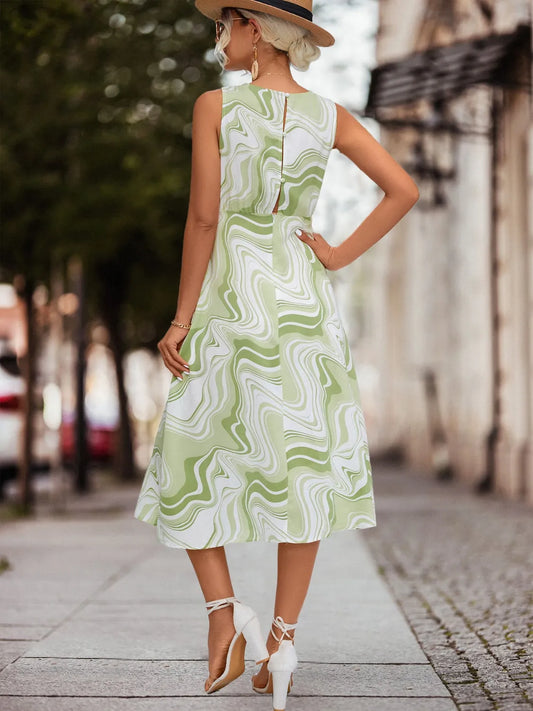 Printed Sleeveless Midi Dress Shop One Place