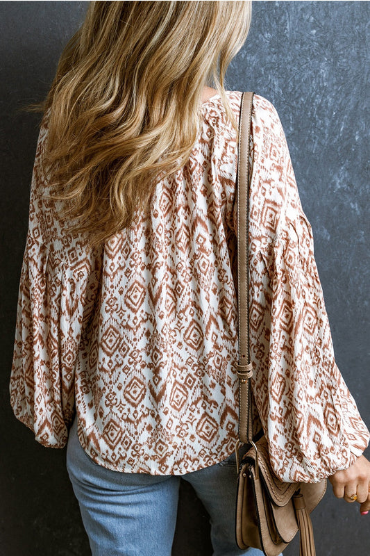 Printed Tie Neck Balloon Sleeve Blouse Shop One Place