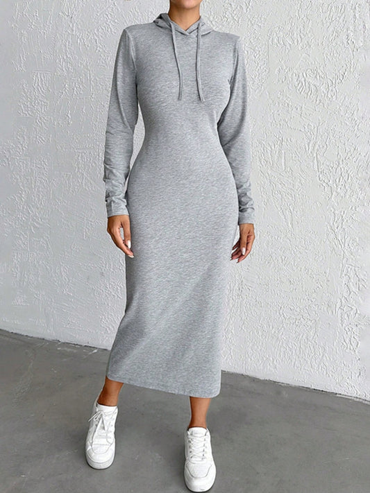 Drawstring Long Sleeve Hooded Midi Dress Shop One Place