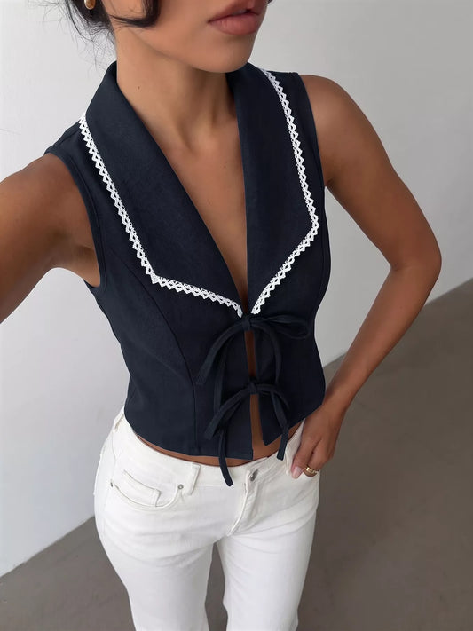 Lace Trim Tie-Front Vest Shop One Place