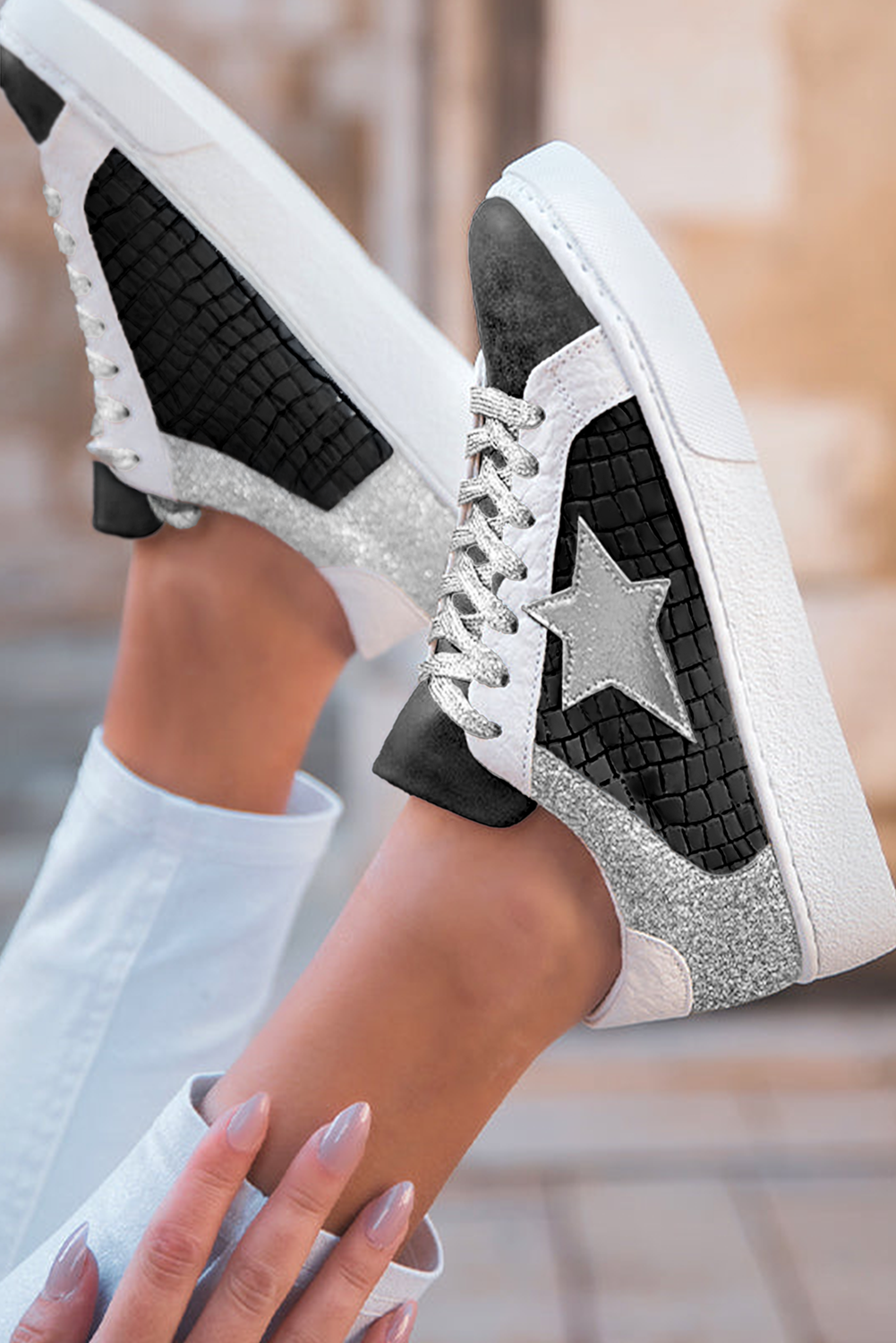 Gold Glitter Star Patchwork PU Leather Lace-up Sneakers Shop One Place