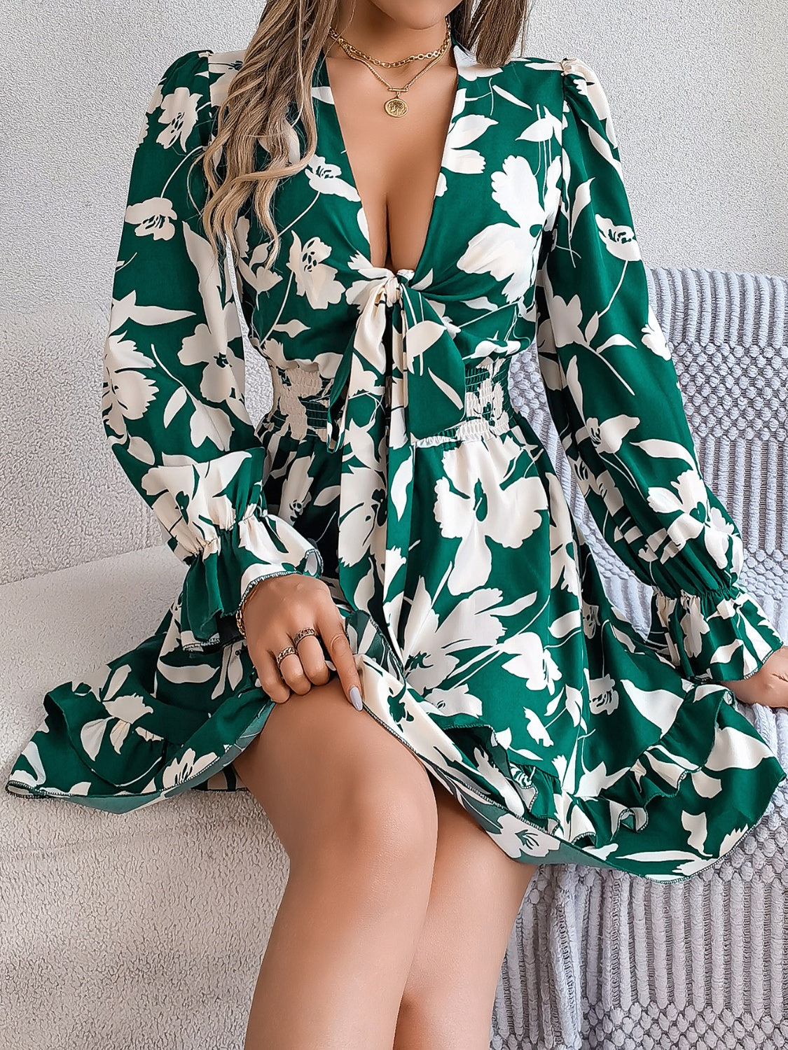 Tied Ruffled Printed Long Sleeve Dress Shop One Place