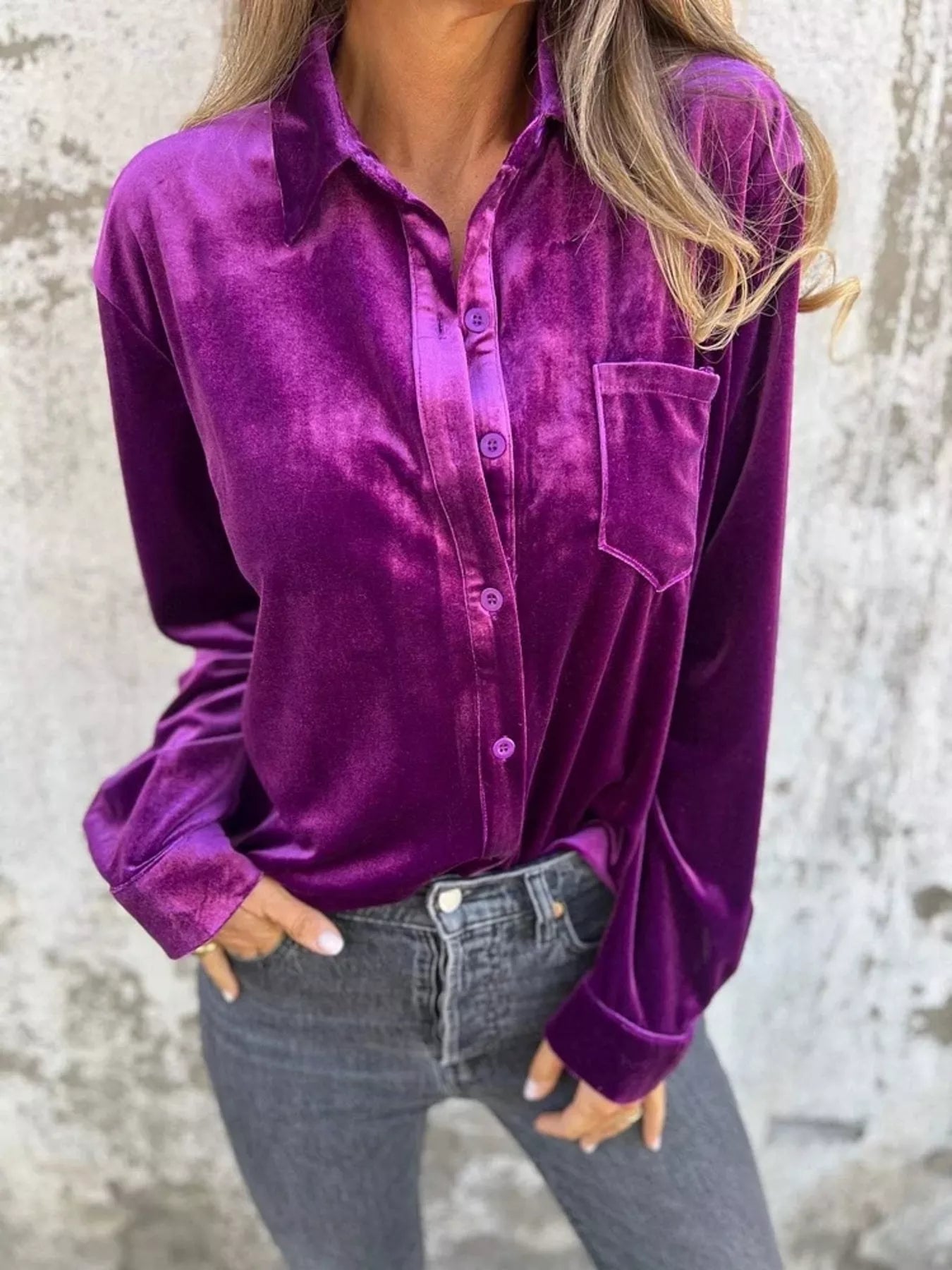 Full Size Velvet Button-Up Long Sleeve Shirt Plus Size Shop One Place