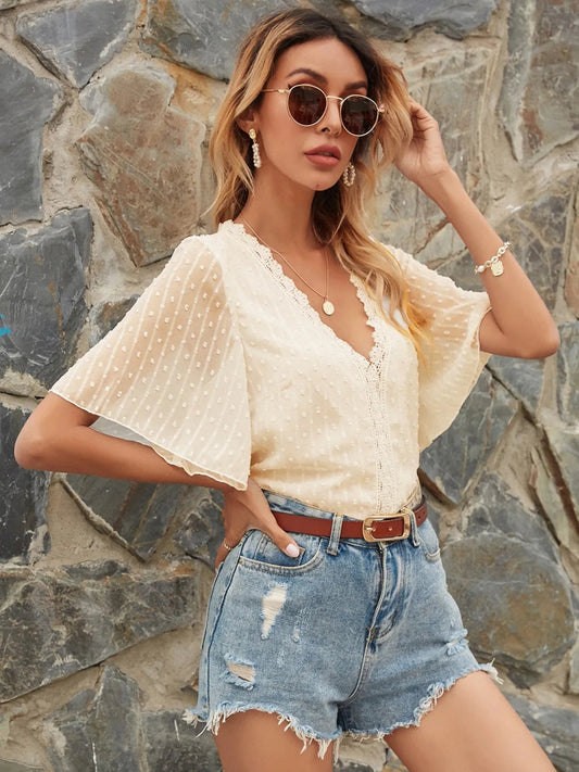 Lace Detail V-Neck Siwss Dot Blouse Shop One Place