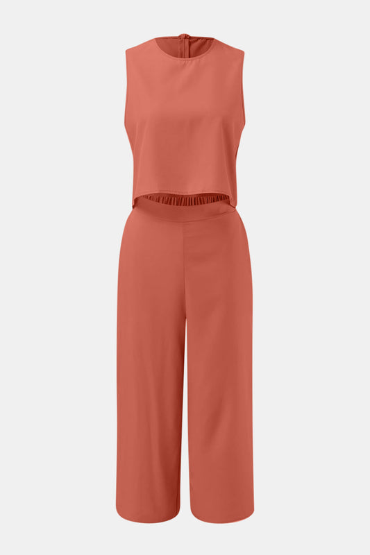 Round Neck Top and Wide Leg Pants Set Shop One Place