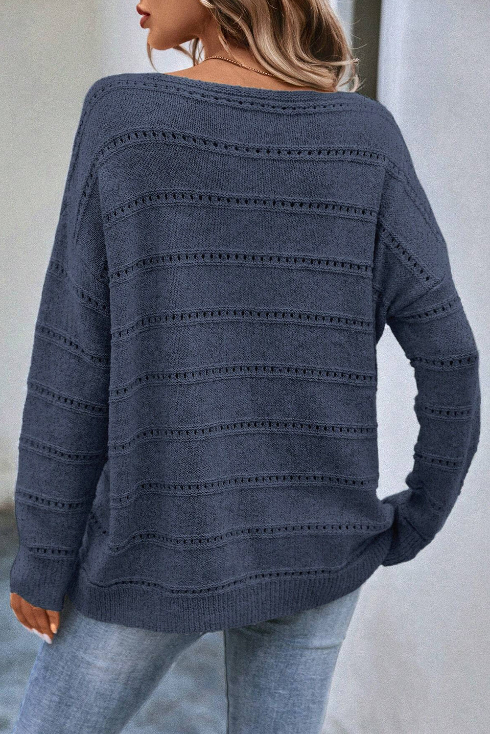 Real Teal Boat Neck Drop Shoulder Pointelle Knit Sweater Shop One Place