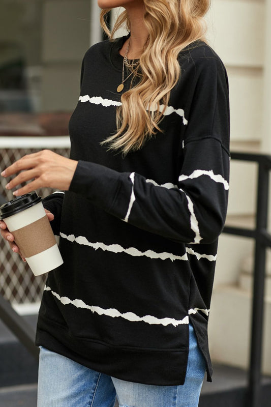 Slit Contrast Striped Round Neck Long Sleeve T-Shirt Shop One Place