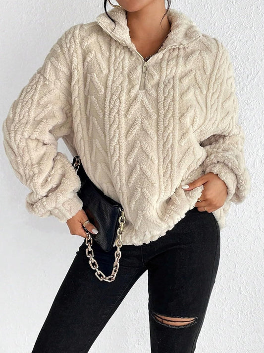 Fuzzy Quarter Zip Long Sleeve Sweatshirt Shop One Place