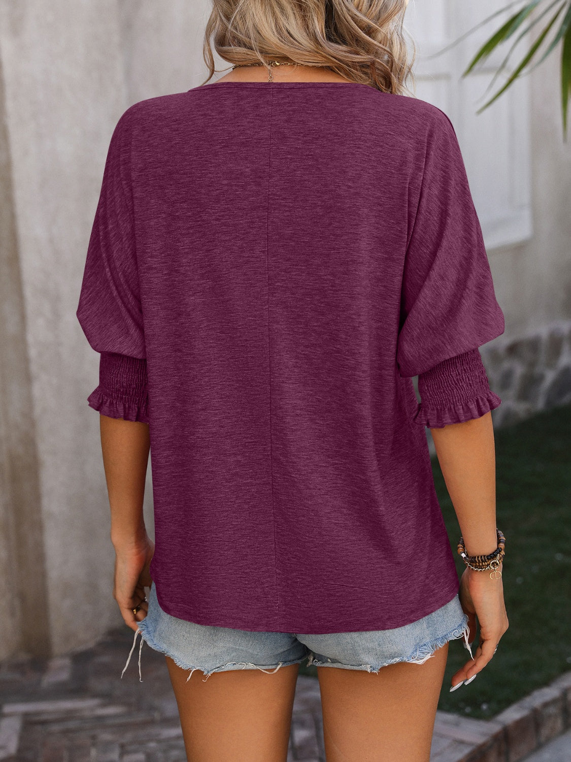 Mandy Heathered Notched Lantern Sleeve Blouse Shop One Place