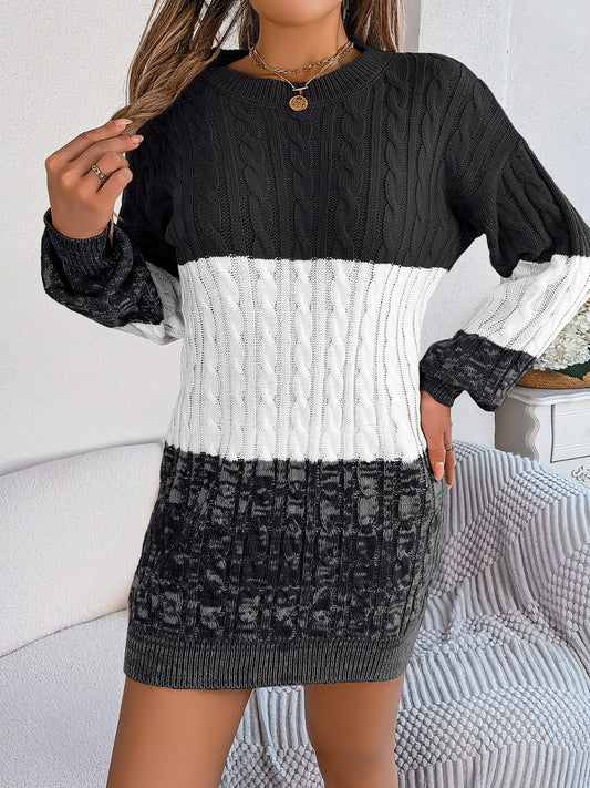 Cable-Knit Round Neck Color Block Sweater Dress Shop One Place