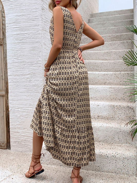 Printed V-Neck Tie Waist Midi Dress Shop One Place