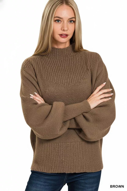 Zenana Balloon Sleeve Mock Neck Sweater Shop One Place