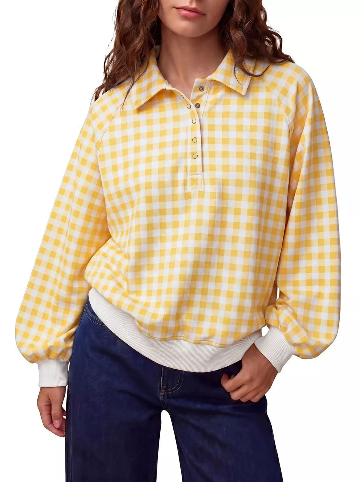 Women's Gingham Plaid Collared Sweatshirt – view 19