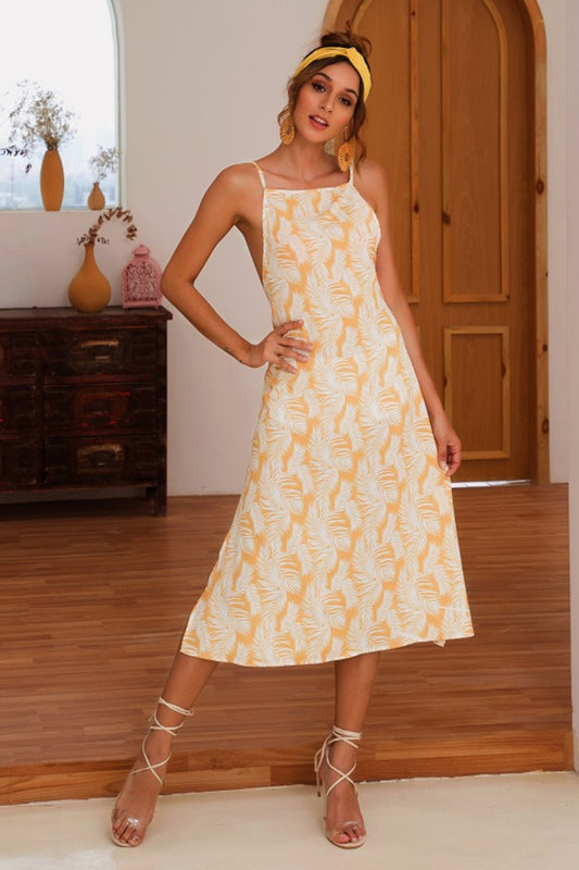 Slit Crisscross Printed Sleeveless Cami Dress Shop One Place