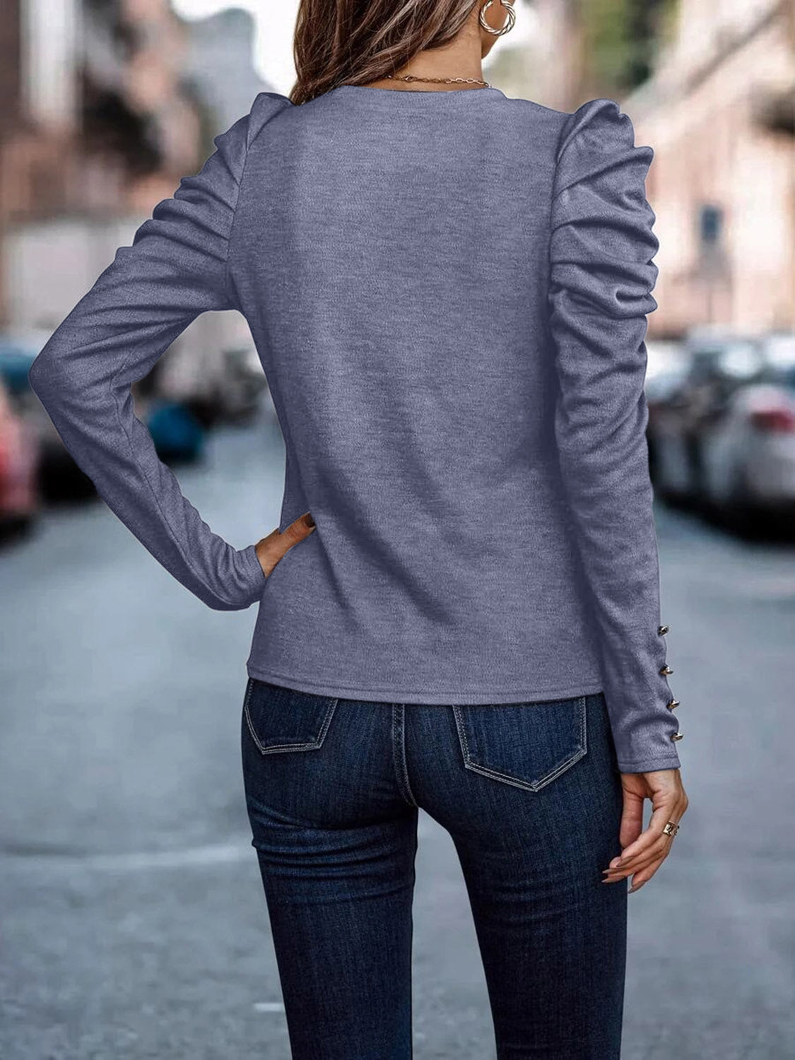 Decorative Button Puff Sleeve T-Shirt Shop One Place