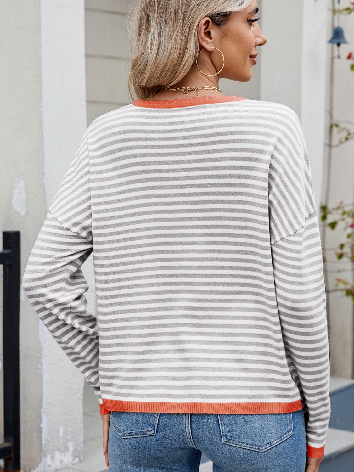 Striped Contrast Round Neck Long Sleeve Sweater Shop One Place