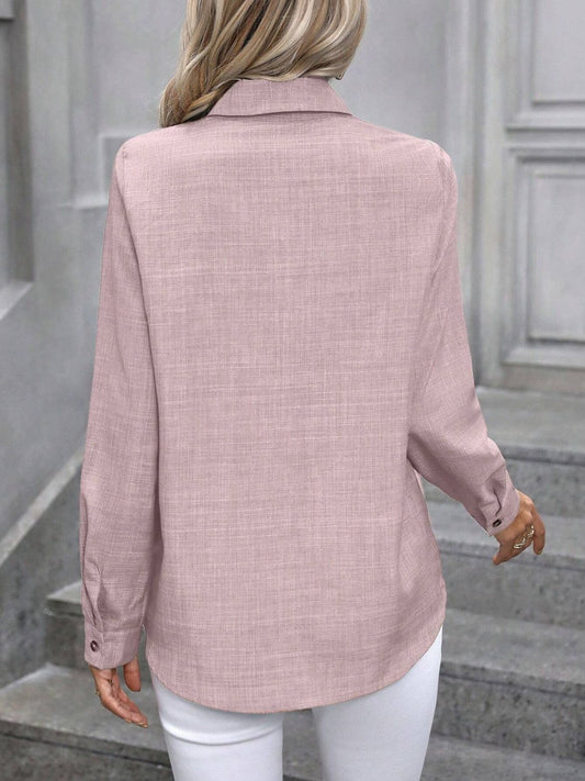 Button Up Collared Neck Long Sleeve Shirt Shop One Place