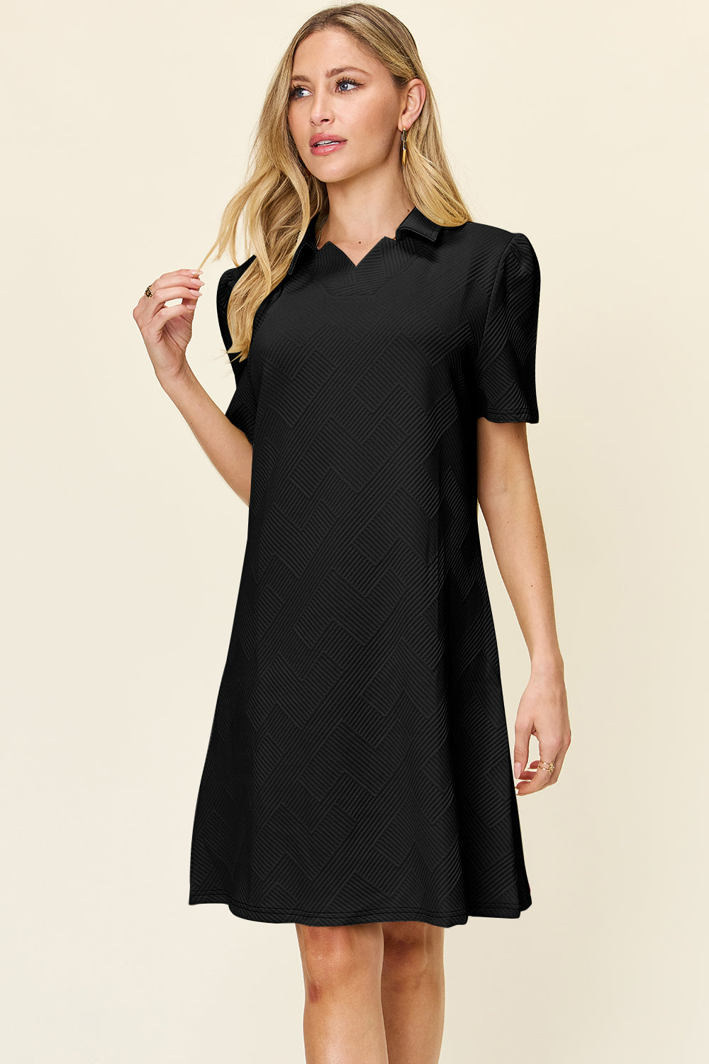 Double Take Full Size Texture Collared Neck Short Sleeve Dress Shop One Place