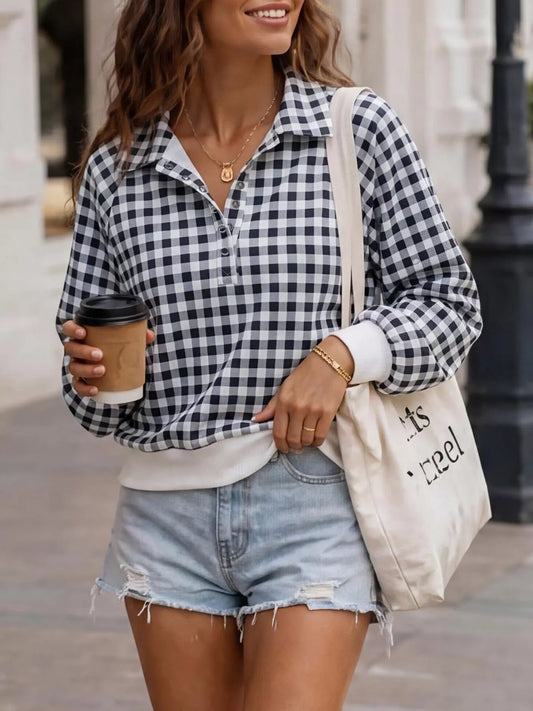 Women's Gingham Plaid Collared Sweatshirt – view 2
