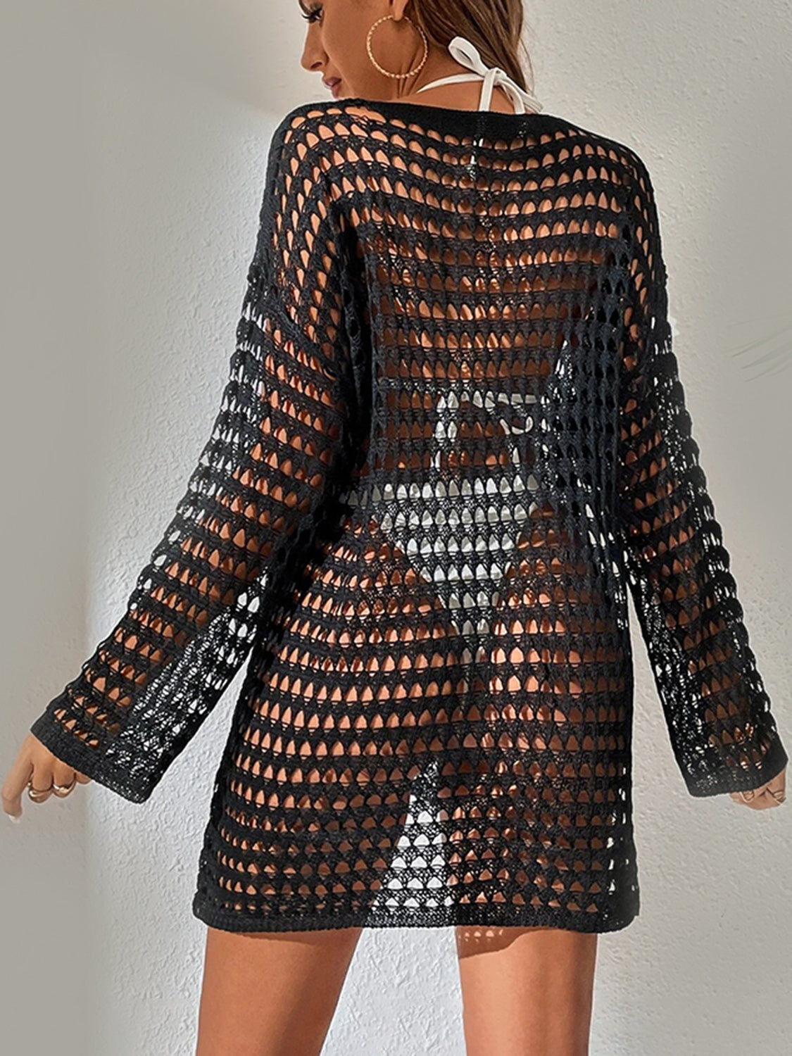 Openwork Boat Neck Long Sleeve Cover-Up Shop One Place