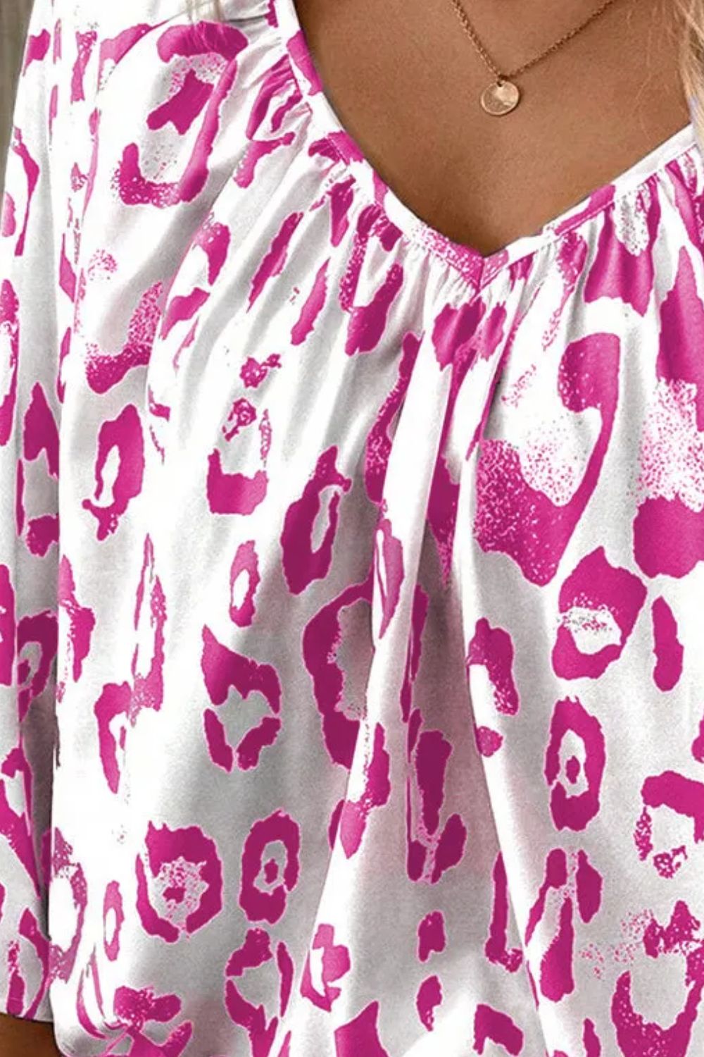 Leopard V-Neck Three-Quarter Sleeve Blouse Shop One Place