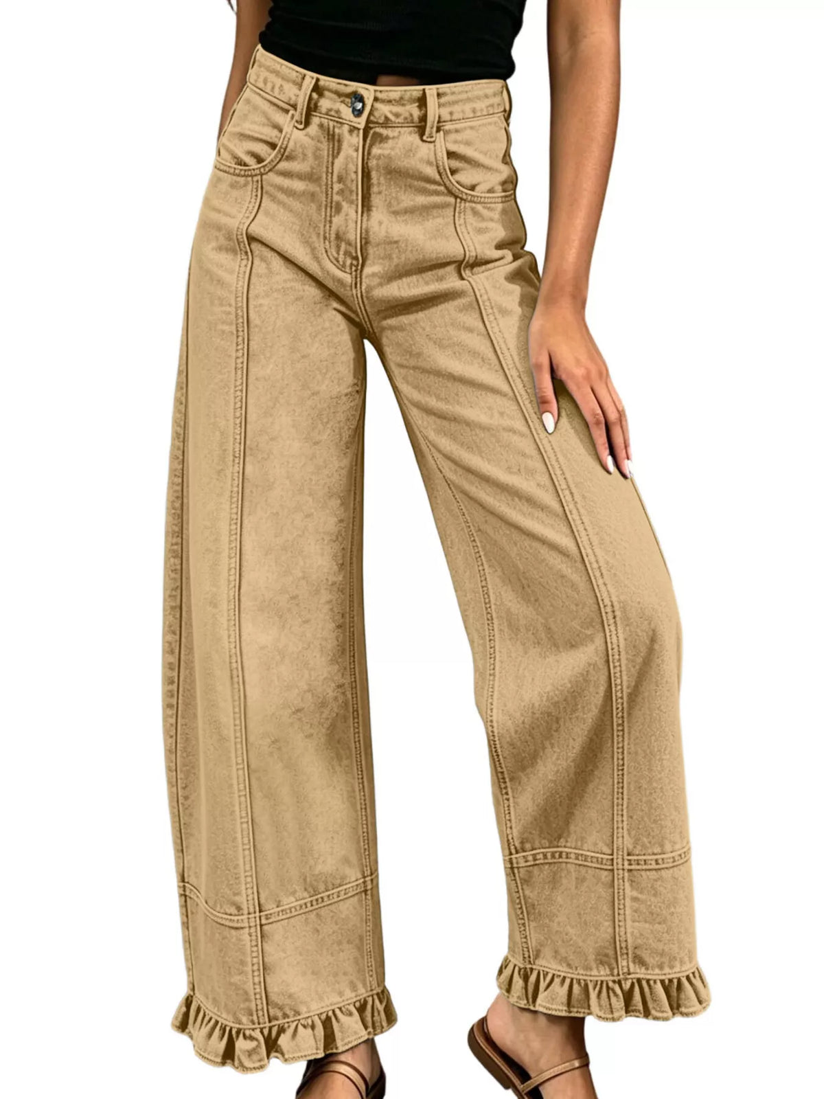 Full Size High-Waisted Wide-Leg Ruffled Hem Jeans Plus Size Shop One Place