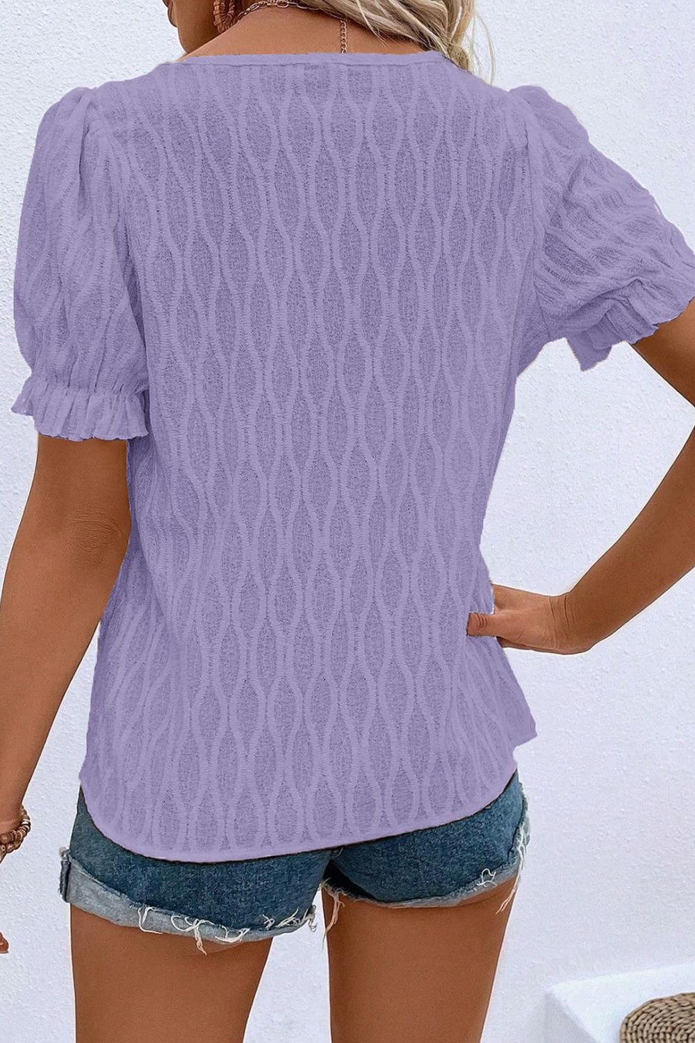 Texture Notched Short Sleeve Blouse Shop One Place