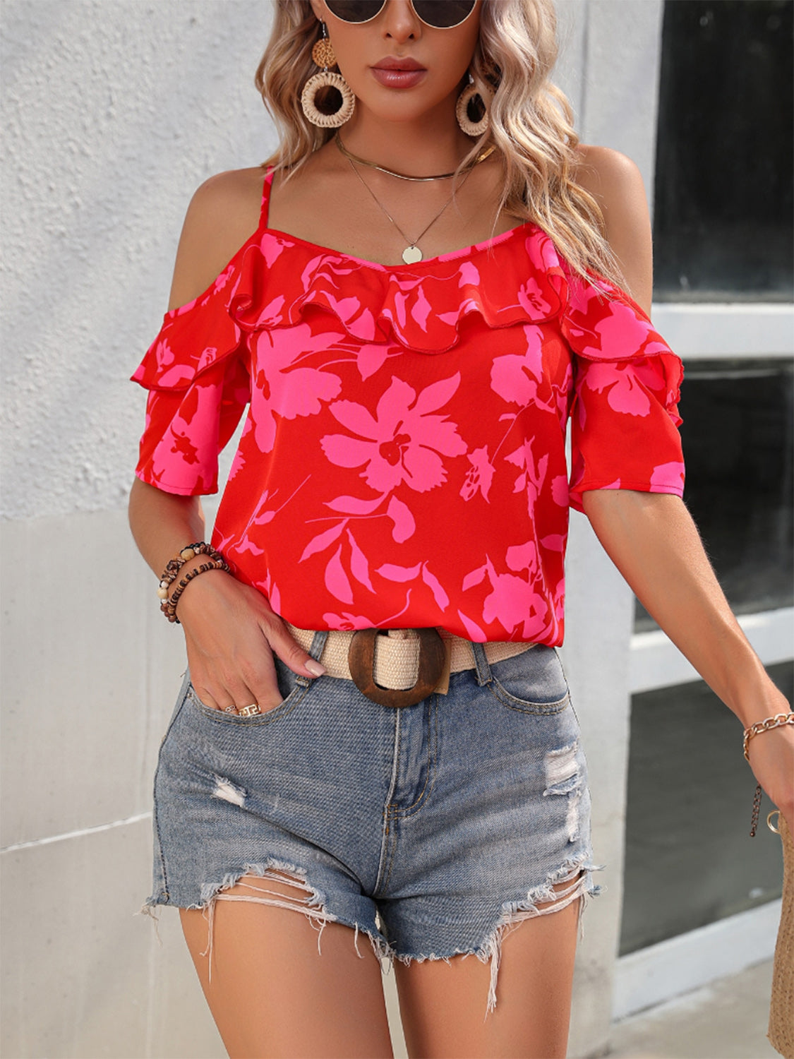 Ruffled Printed Short Sleeve Blouse Shop One Place