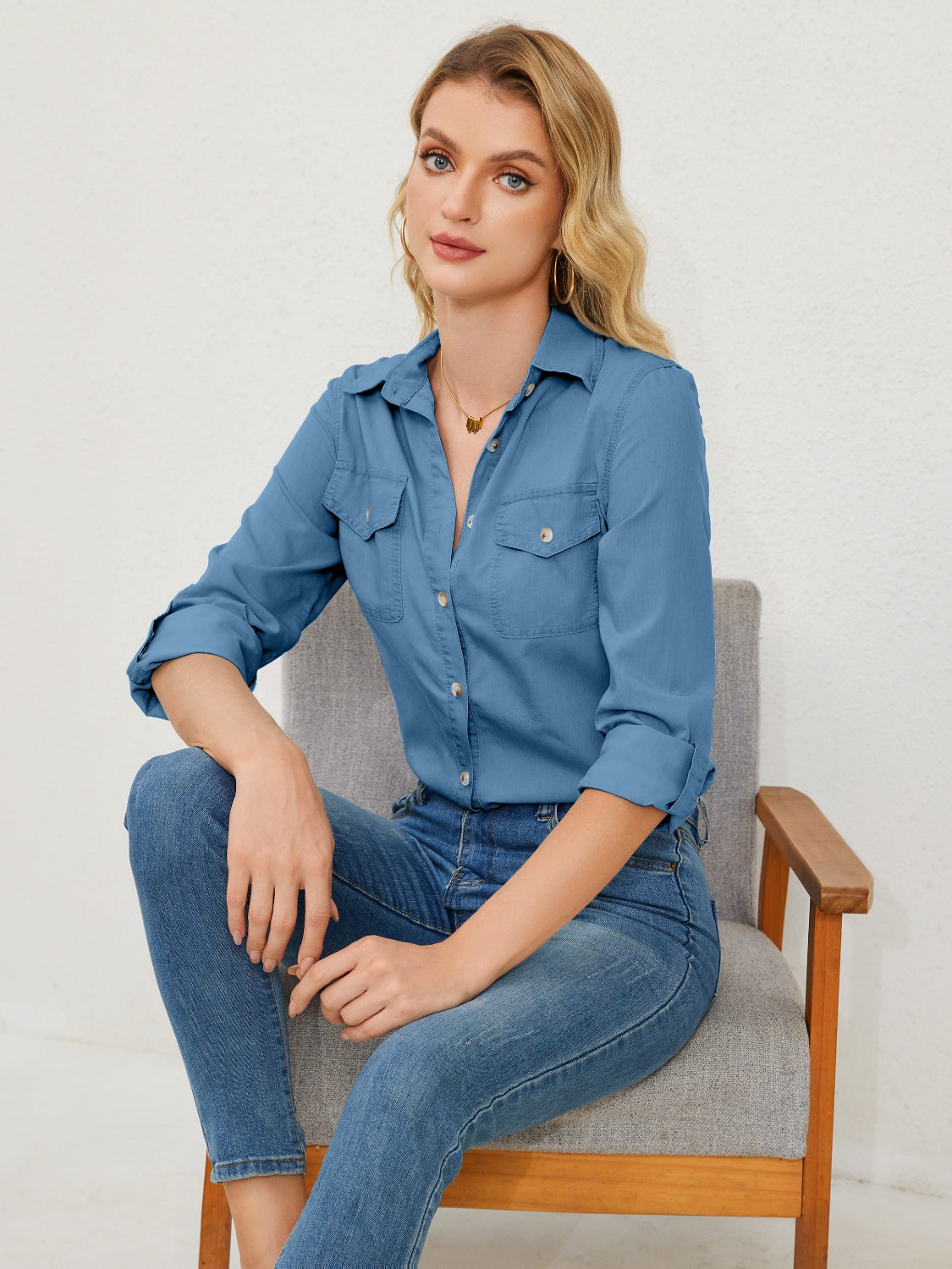 Pocketed Button Up Long Sleeve Denim Shirt Shop One Place
