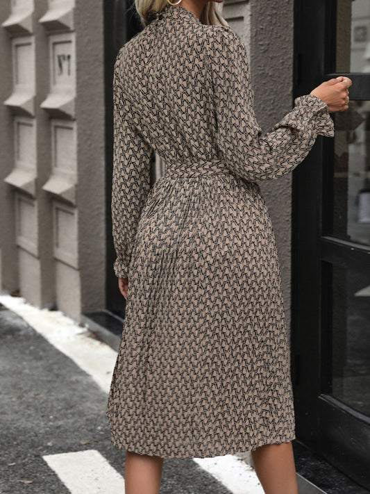 Perfee Printed Mock Neck Flounce Sleeve Dress Shop One Place
