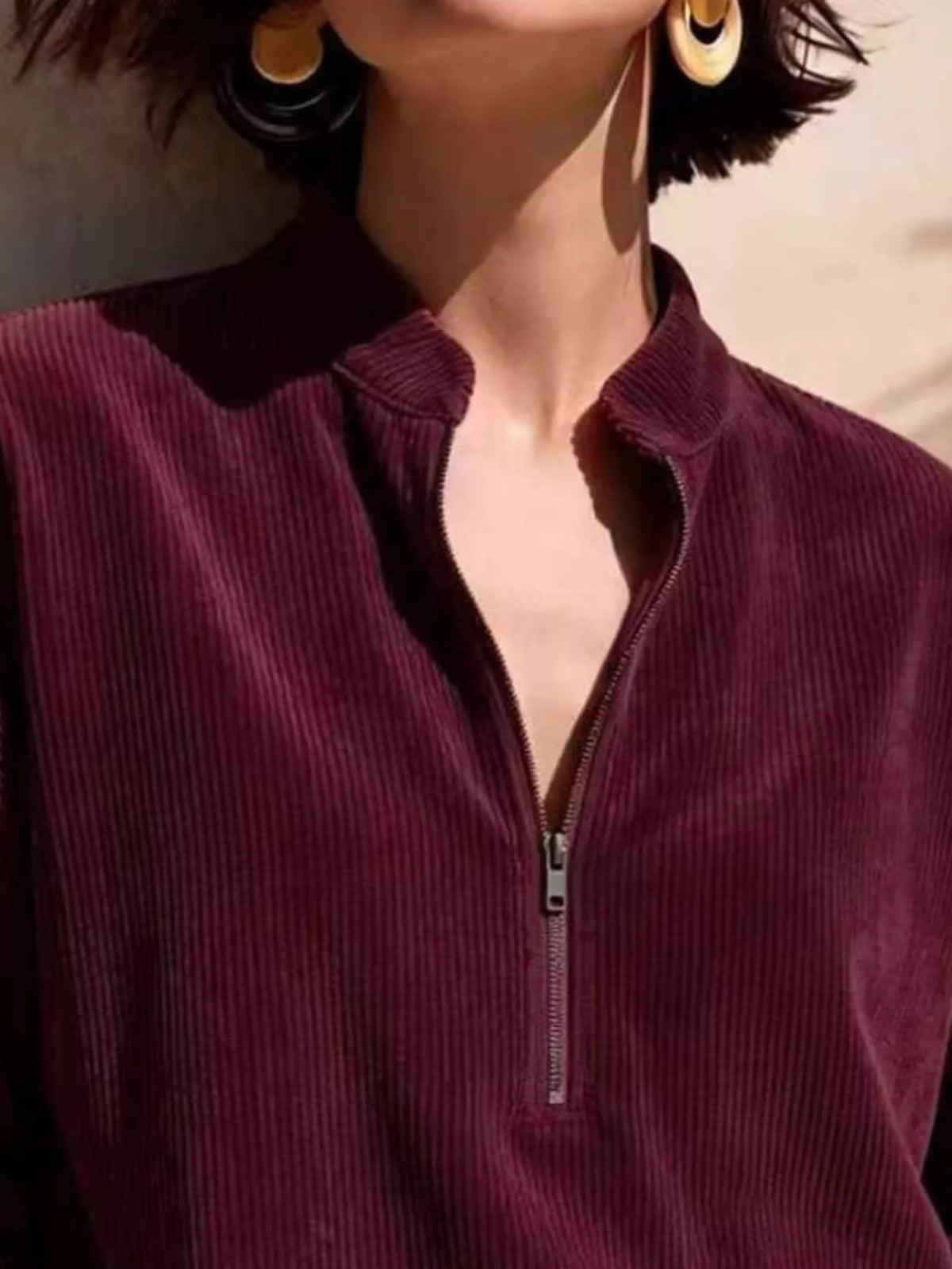 Full Size Half Zip Dropped Shoulder Corduroy Top Plus Size Shop One Place