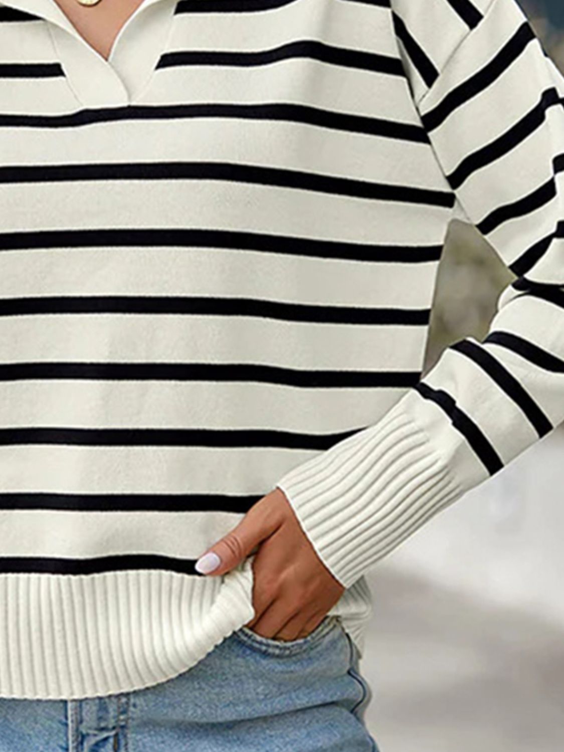 Striped Collared Neck Knit Top Shop One Place