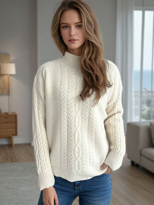 Cable-Knit Mock Neck Dropped Shoulder Sweater Shop One Place