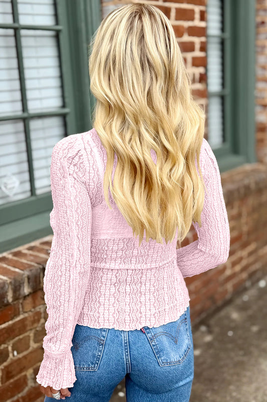 Light Pink Flounced Long Sleeve Mock Neck Sheer Lace Top Shop One Place